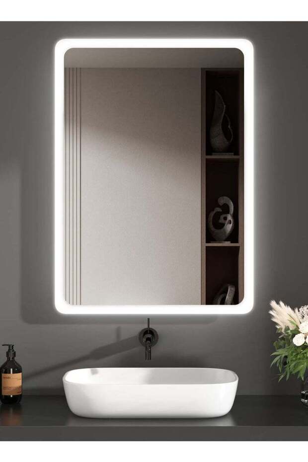 مرآة مستطيلة LED مقاس 70×50 سم مع تحكم باللمس، إضاءة جانبية، للحمام والمكياج