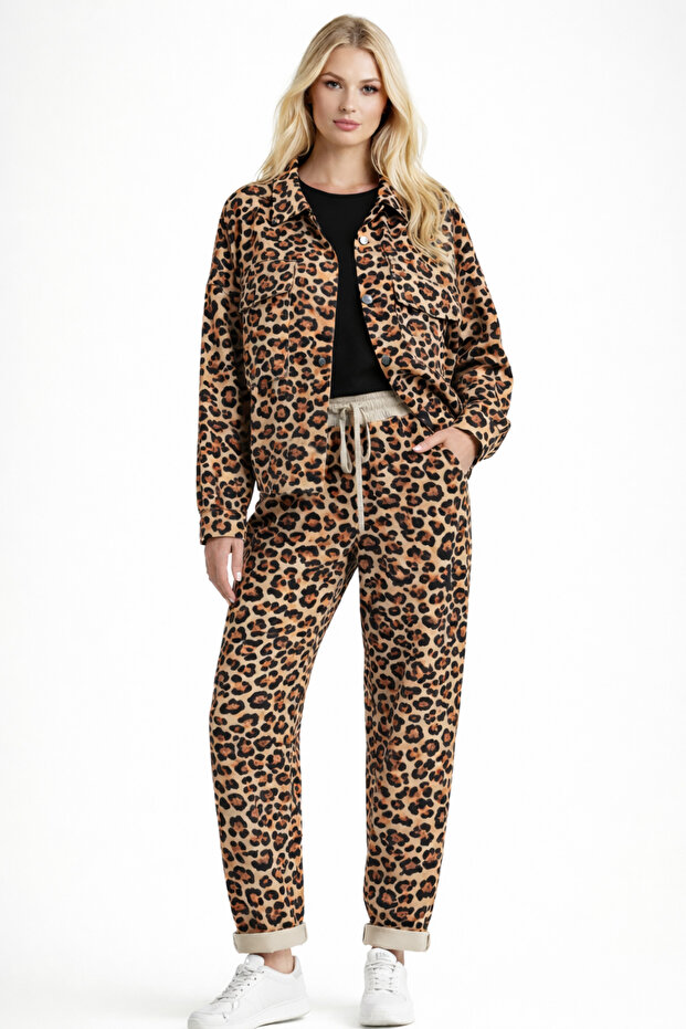 Park Moda Leopard Pattern Jacket Pants Nubuck Italian Top and Bottom Set