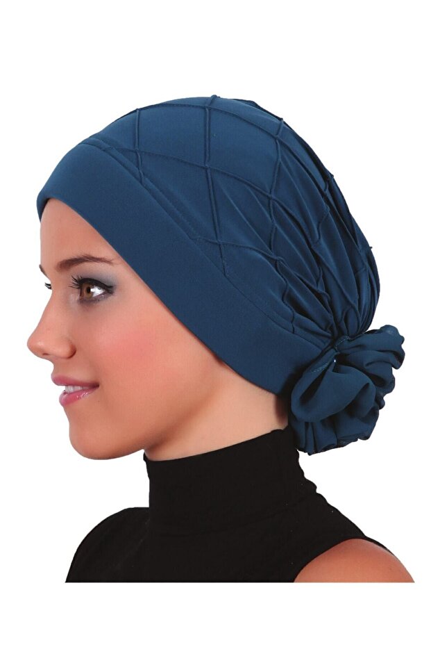 Luxury Ribbed Back Chiffon Accessory Petrol Ready-To-Wear Turban Hijab Bonnet Suitable for Medical Use