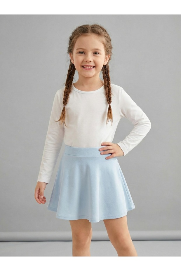Girl's Ice Blue Cotton Washed Denim Skirt
