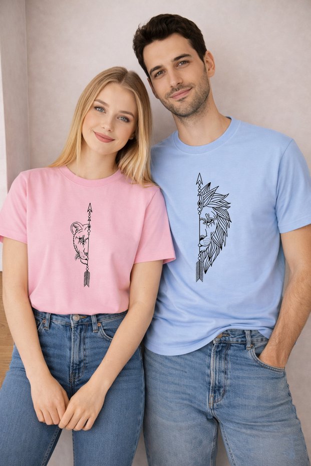 T-Shirt February 14 Double Combination Valentine's Day Valentine's Day 2-Pack Price Lion - Tiger Printed