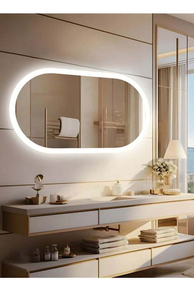 مرآة مكياج بيضاوية مقاس 90×70 سم مع إضاءة LED جانبية، مرآة مكياج مناسبة لغرفة الملابس