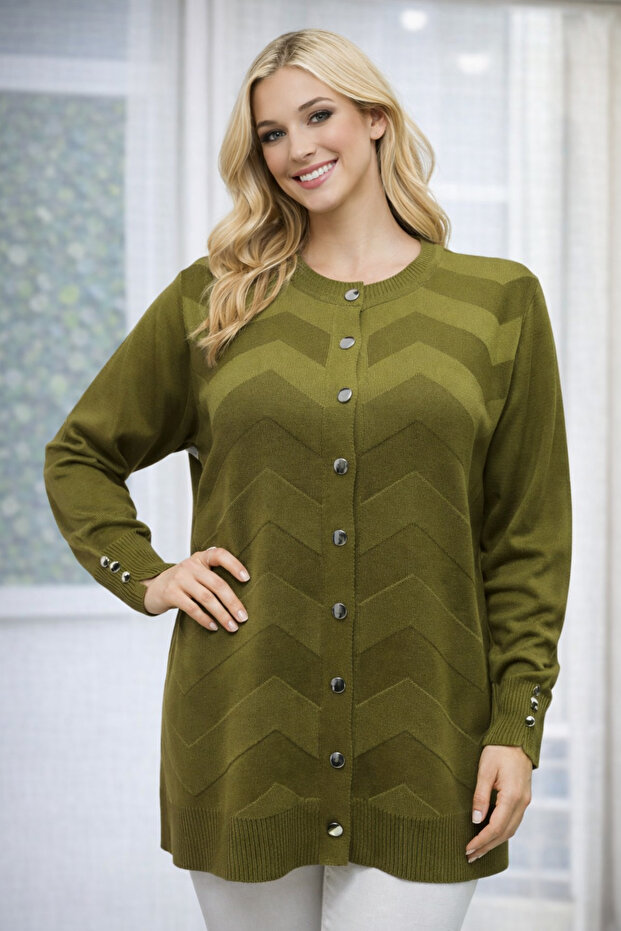 Women's Elegant Model Zigzag Patterned Buttoned Standard Mercerized Young Cardigan