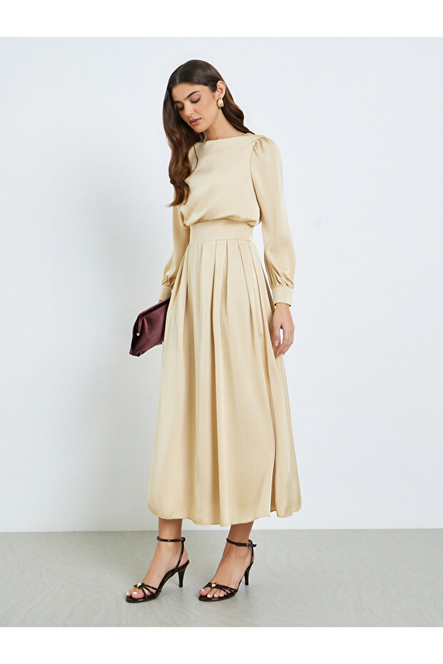 Women Beige Pleated A-Line Maxi Dress