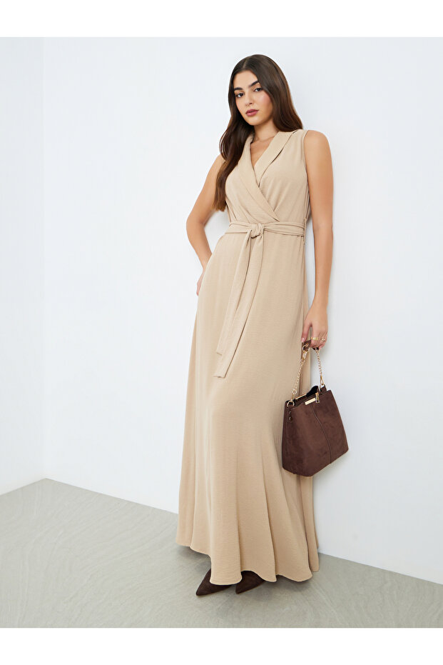 Women Beige Sleeveless Blazer Maxi Dress