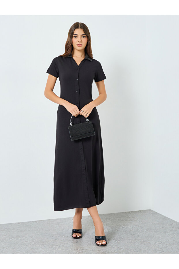 Women Studded Collar Shirt Maxi Dress