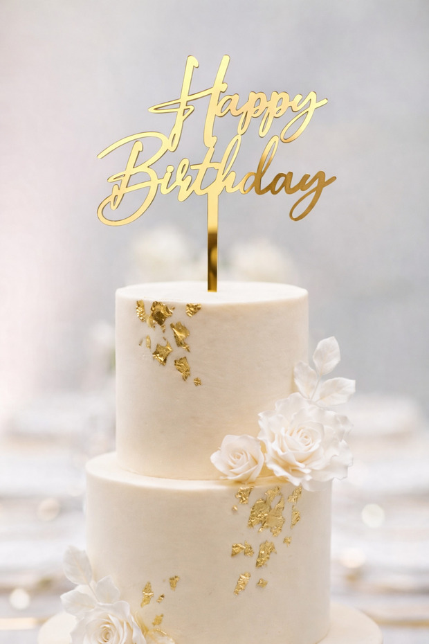 Calligraphic Written Happy Birthday Gold Mirror Plexi Cake Gift Decoration Code 3 / 15X9 cm - Birthday, Party Cake Topper