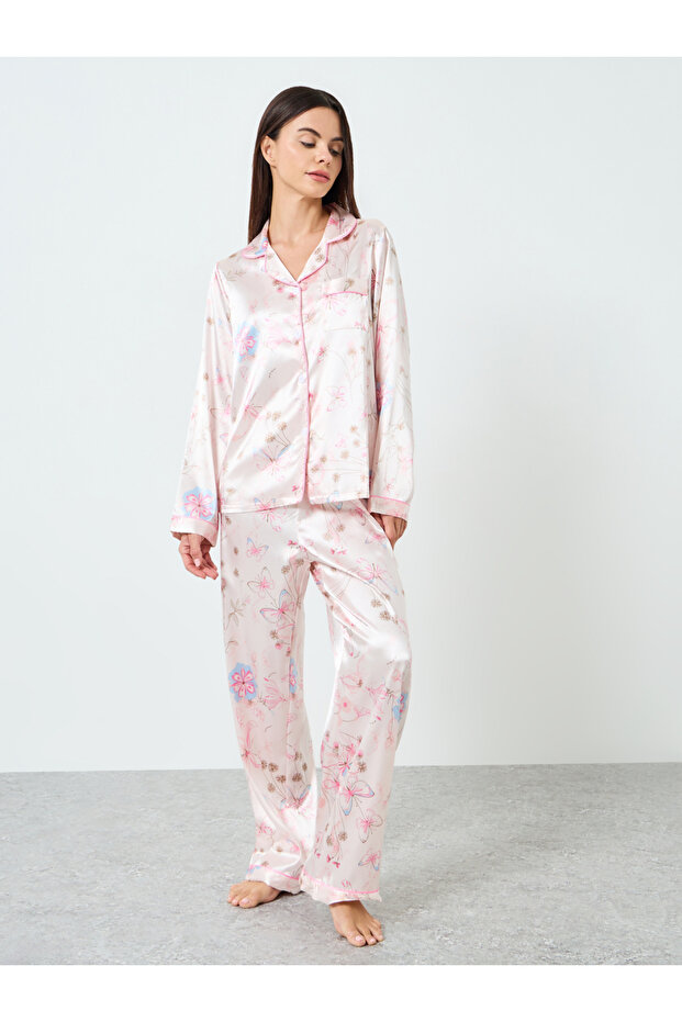 Women Satin Floral Printed Shirt and Pyjama Set