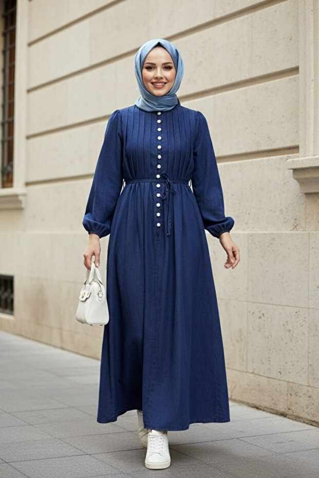 Women's Pleated Detailed Buttoned Lace-Up Dark Blue Denim Dress