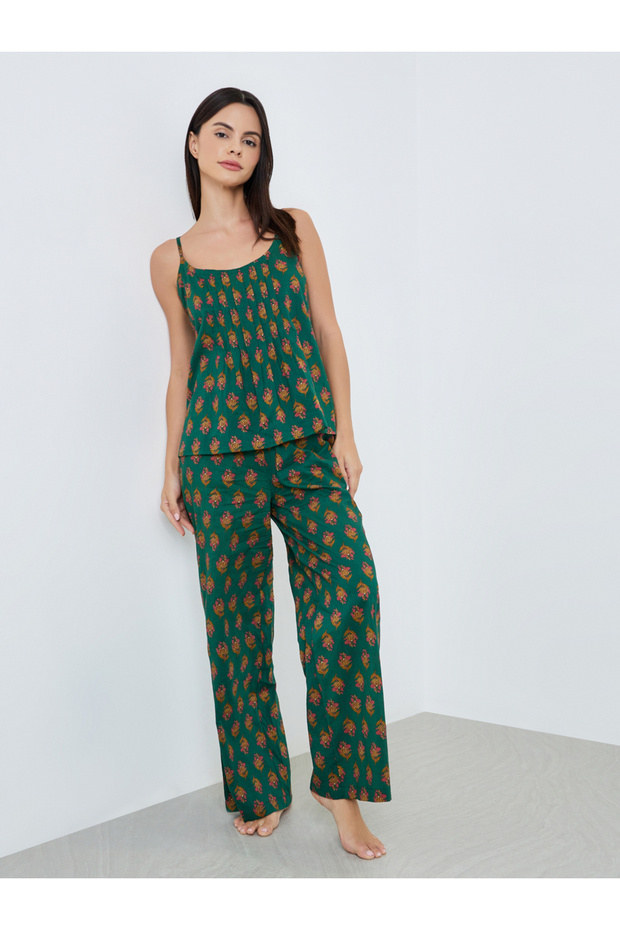 Floral Pleated Cotton Cami and Wide Leg Pyjama Set