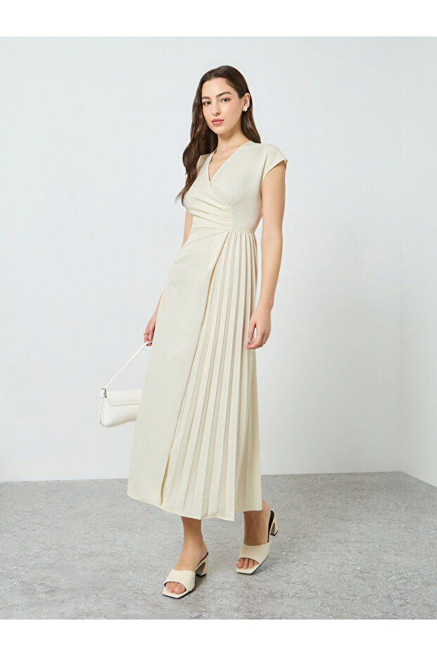 Women Cream Pleated Midi Dress
