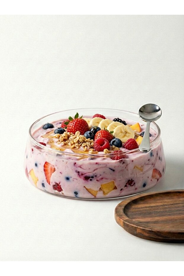 Acacia Lid Glass Presentation Bowl 19 cm Dessert Presentation Bowl, Yogurt Presentation Bowl