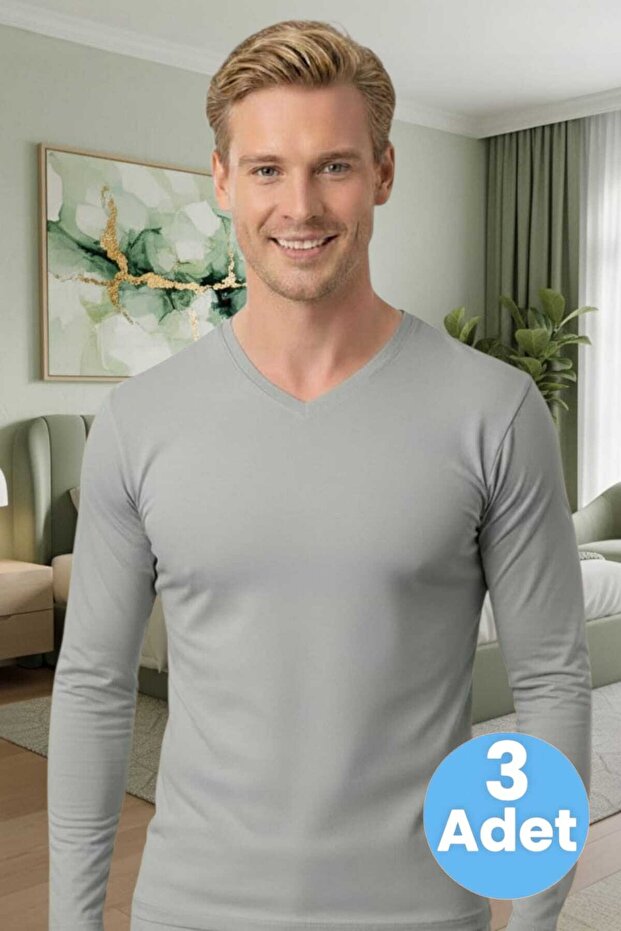 Men's Combed Cotton Lycra 3-Piece V-Neck Long Sleeve Undershirt