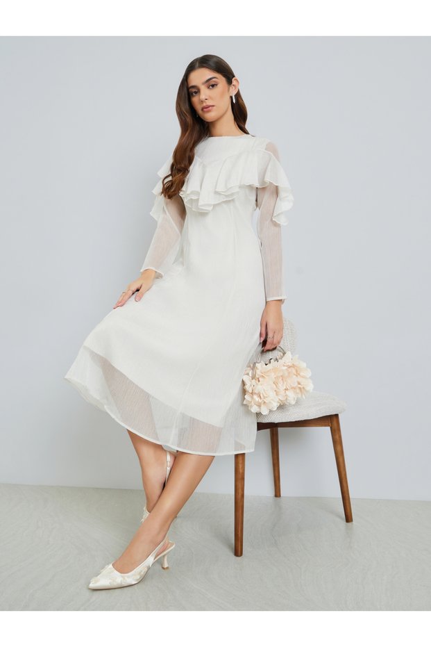 Women White Ruffled Detail Midi Dress