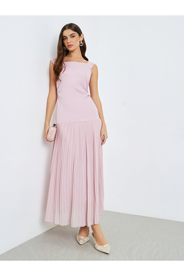 Women Pink Pleated A-Line Maxi Dress