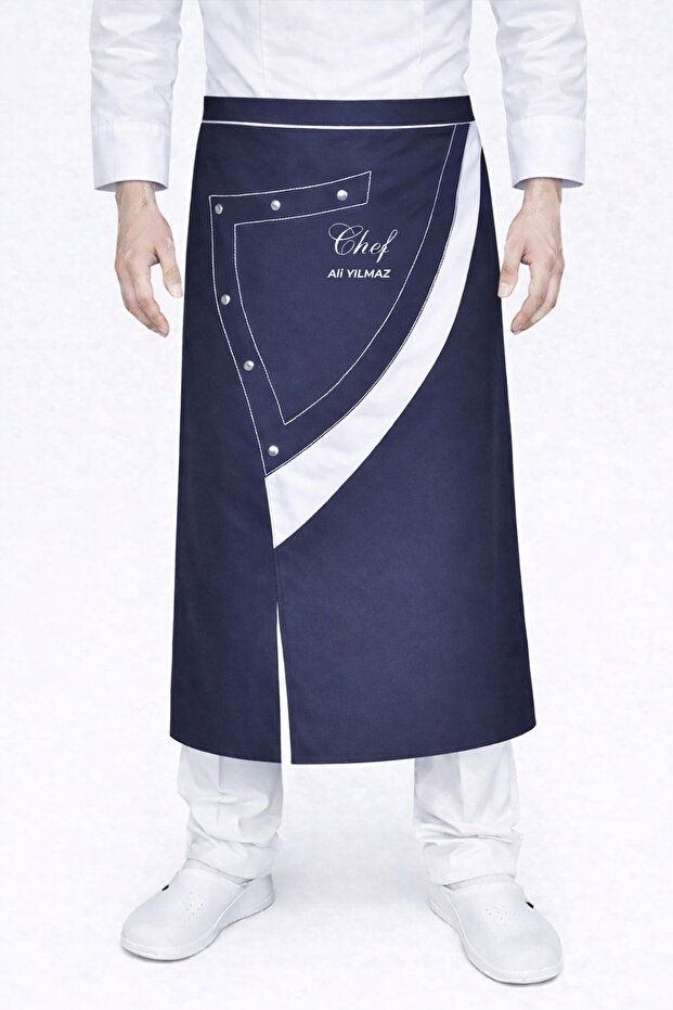 Name Gifted Navy Blue White Detailed Long Design Chef Apron Chef Apron Kitchen Aprons