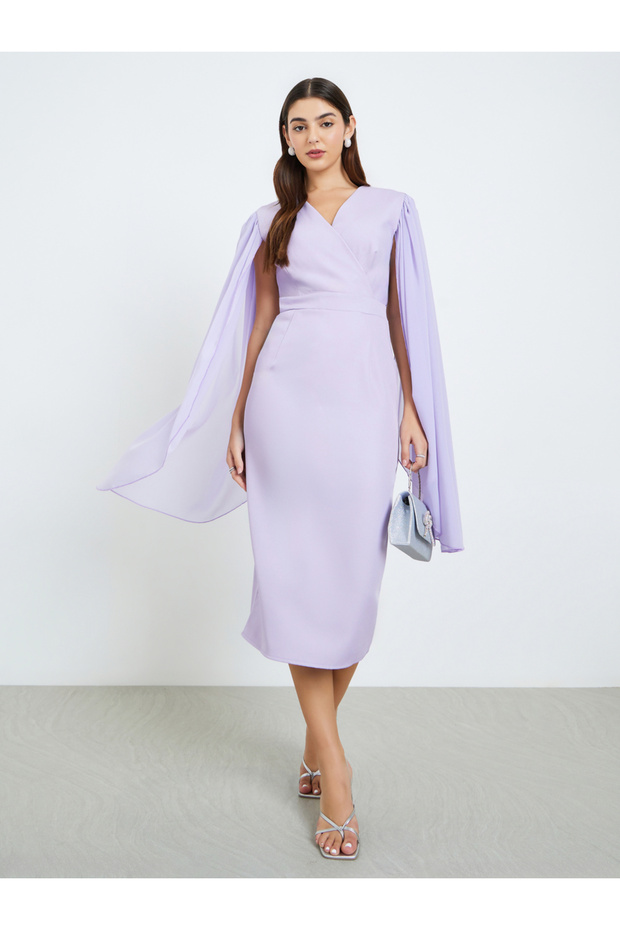Women Lilac Cape Sleeve Sheath Midi Dress