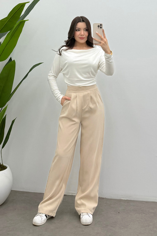Women's Cream Tencel Relaxed Pants with Elastic Waist and Draped Pleated Detail