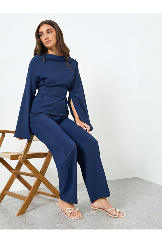 Women Slit Sleeve Waist-Cinched Top and Pants Co-Ords