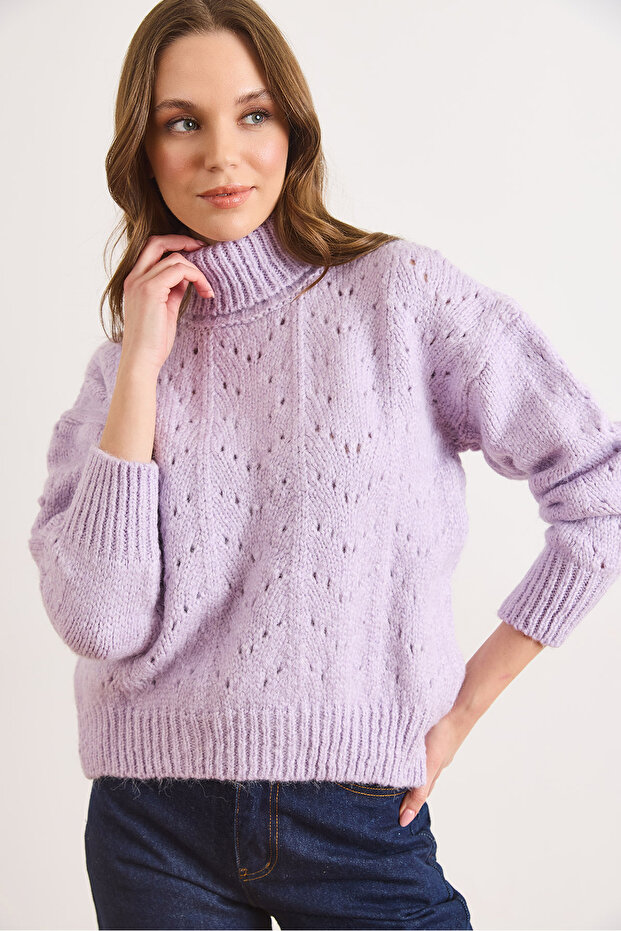 Women's Lilac Turtleneck Soft Textured Knitwear Sweater Kzk-19000892