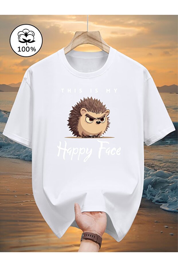 Unisex Oversize 100% Cotton T-Shirt – “This Is My Happy Face” Fun Hedgehog Print