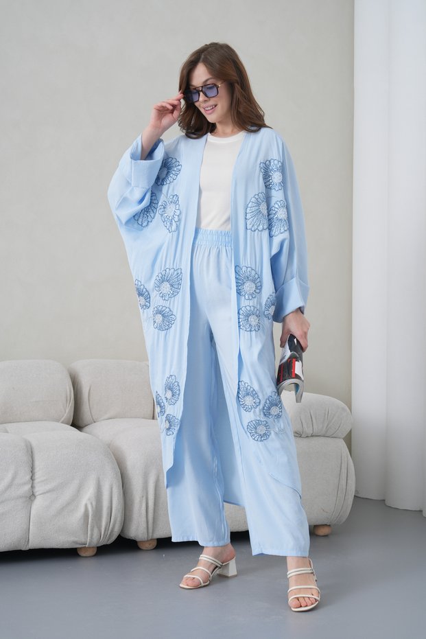Women's Front Embroidered Beaded Linen Kimono Cardigan and Pants Top and Bottom Set