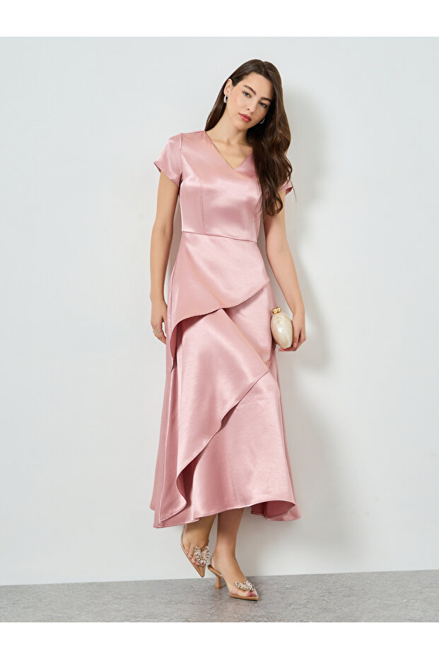 Women Pink Satin Layered Maxi Dress