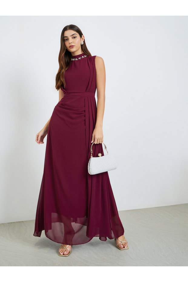 Women Burgundy Embellished Pearls Neck Maxi Dress