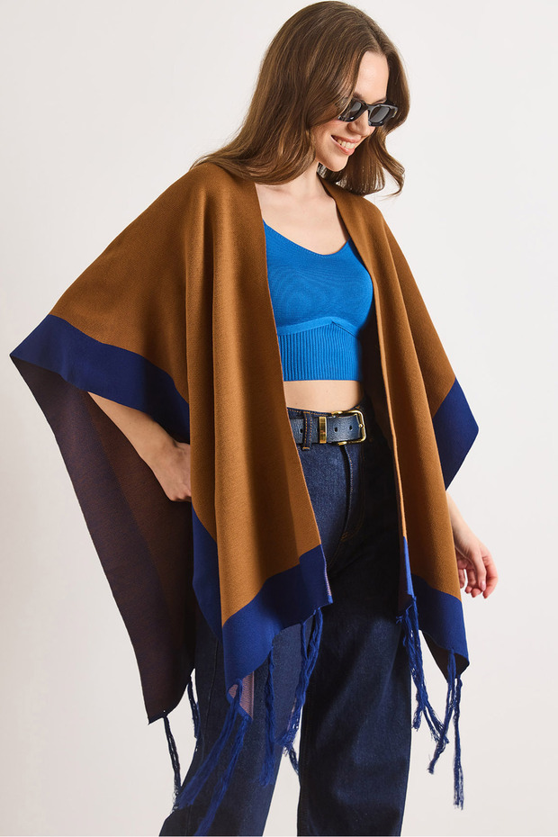 Women's Camel Hair Color-Blocked Poncho Cardigan Hrk-19000423