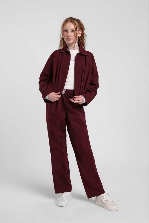 10-14 Years Old New İcon Brown Girls' 3-Piece Set-Burgundy