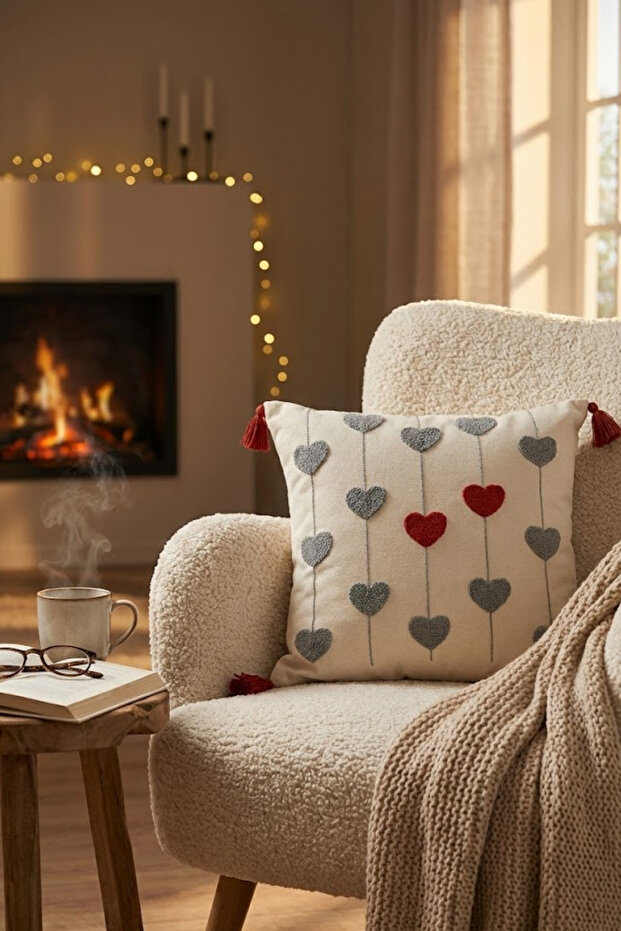 In-Line Hearts Patterned Punch Embroidered Tasseled Throw Pillow Cover 42X42 cm - Gray Red Decorative Pillow