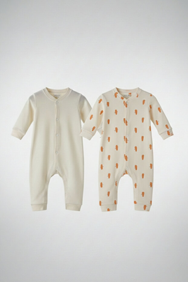 Baby Boy Ecru Carrot Printed 100% Cotton 2-Piece Jumpsuit Set
