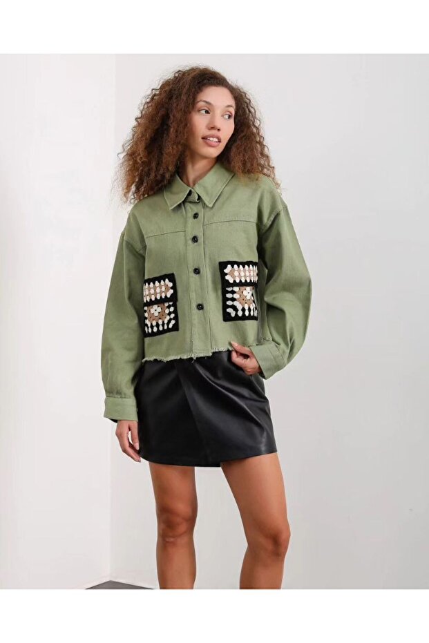 Knitted Pocket Detailed Denim Crop Jacket 8572