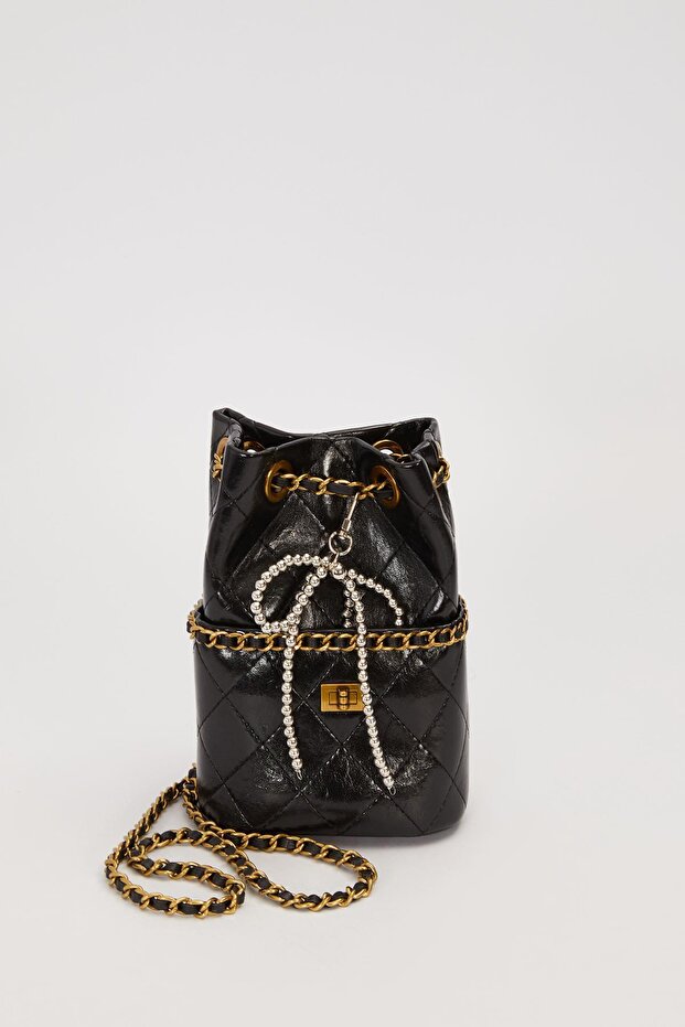 Black Drawstring Closure Chain Strap Shoulder Bag - 1