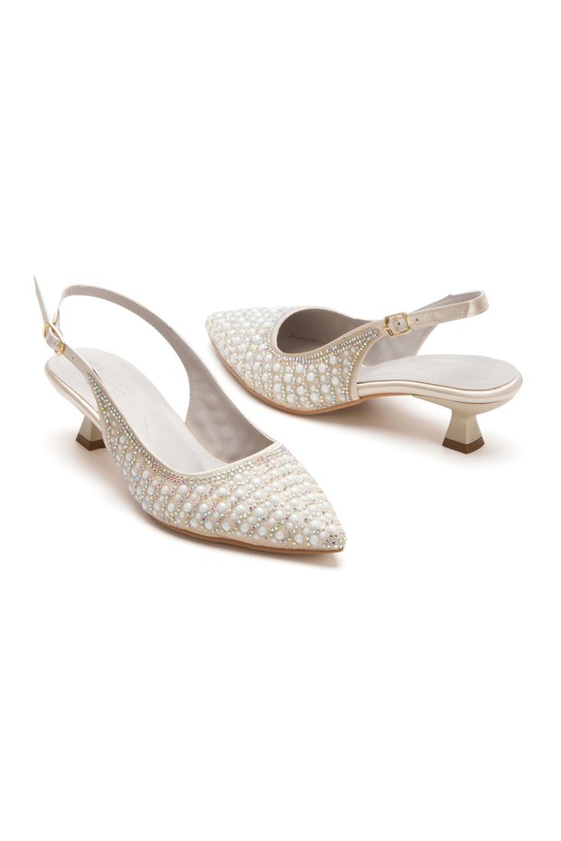 Women's Short Heeled Pearl Wedding Dress Evening Dress Shoes Tan