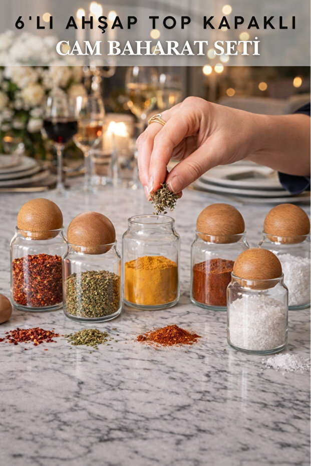 6-Piece Glass Spice Jar Set with Wooden Ball Lids | Modern Kitchen Spice Rack Set