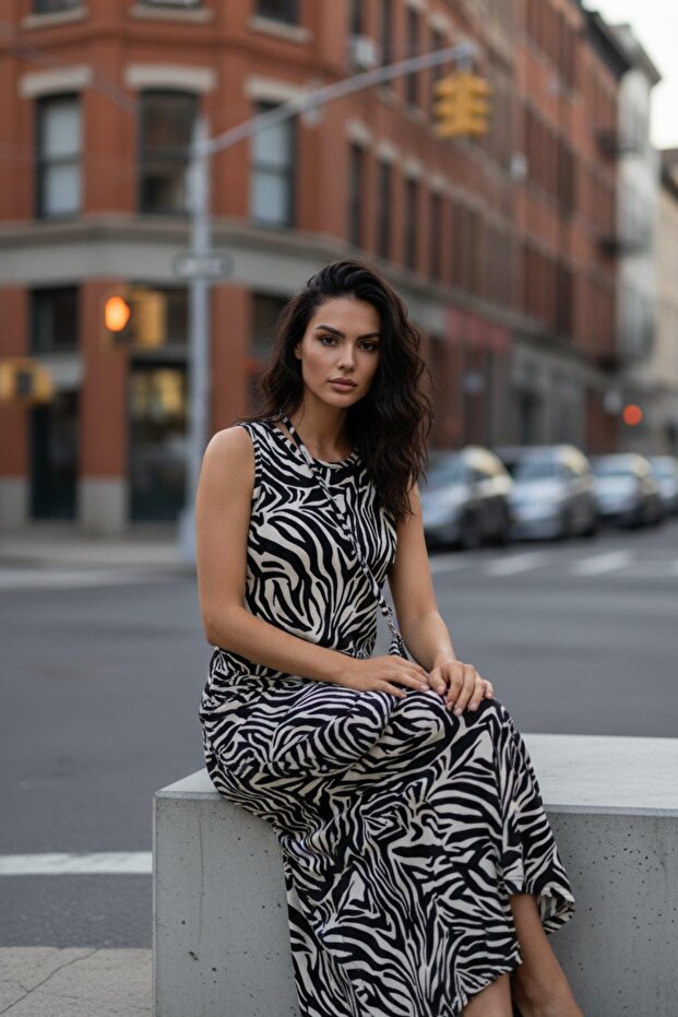 فستان طويل بدون أكمام برقبة دائرية وتصميم منقوش - منقوش - 4