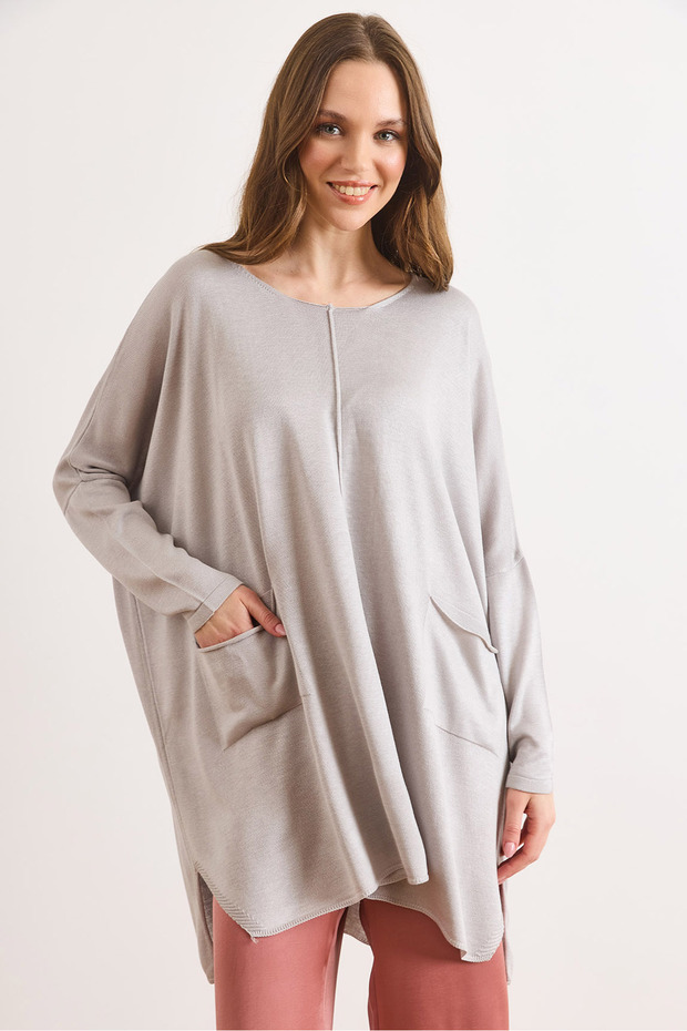 Women's Gray Double Pocket Oversize Slit Long Knitwear Tunic Tnk-19000106