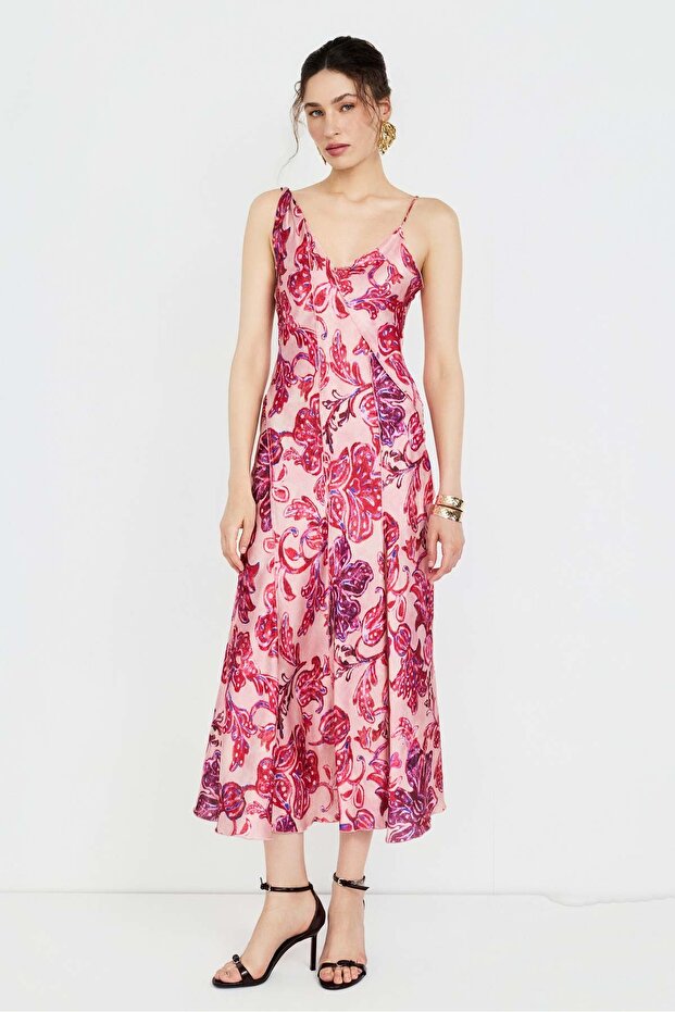Ruffle Detailed Patterned Chiffon Dress