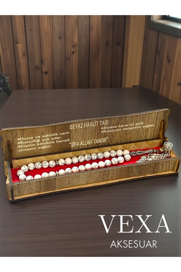 White Howlite Natural Stone Prayer Beads – Handmade with 33 Beads – Gift Product with Special Wooden Box