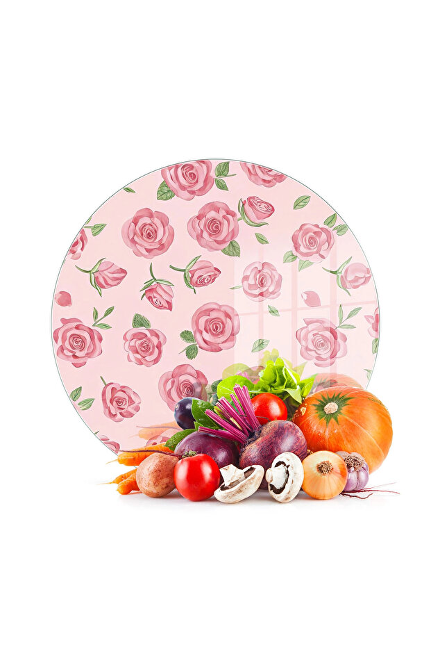 Glass Cutting Board and Presentation Plate Round Love Series with Rose Pattern 30 X 30 cm