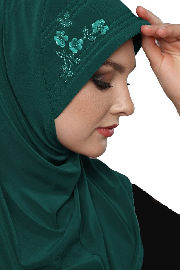 Tactical Stone Handcrafted Bead Embroidered Green Ready-made Turban Hijab Bonnet Prayer Cover