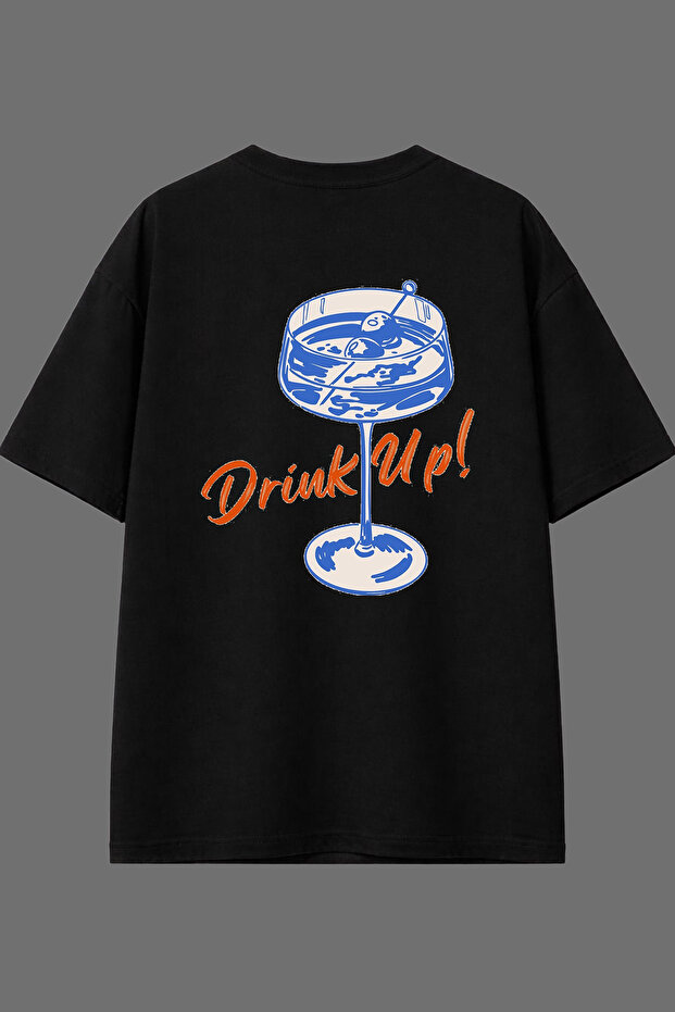 تي شيرت أسود كبير الحجم بتصميم Drink Up وطباعة خلفية