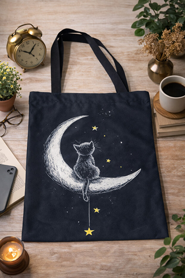 Cat and Stars Printed on the Moon 2-Piece Combination Handbag and Makeup Bag