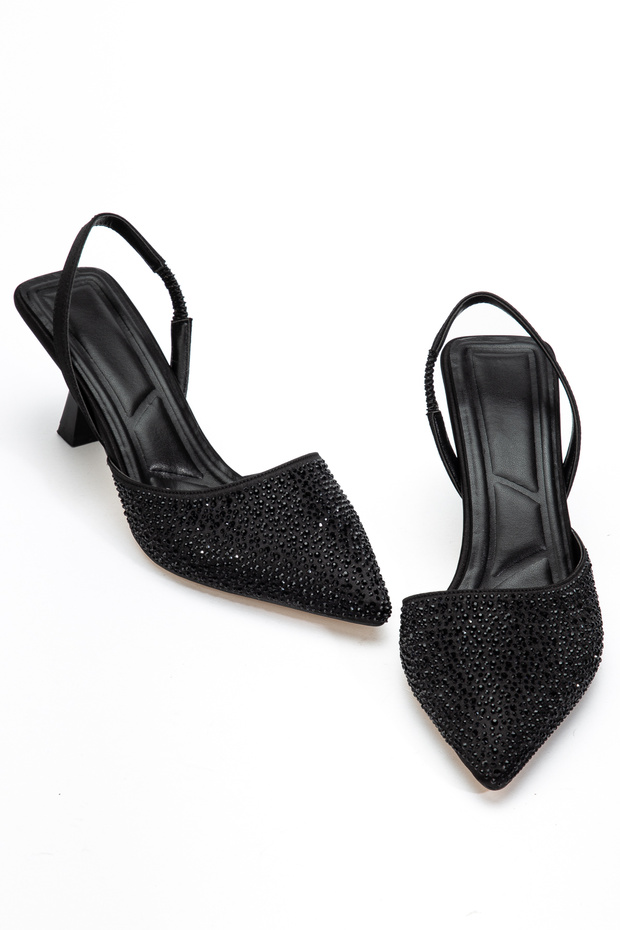 Women's Black Pointed Toe Classic Heeled Shoes with Stone Detail