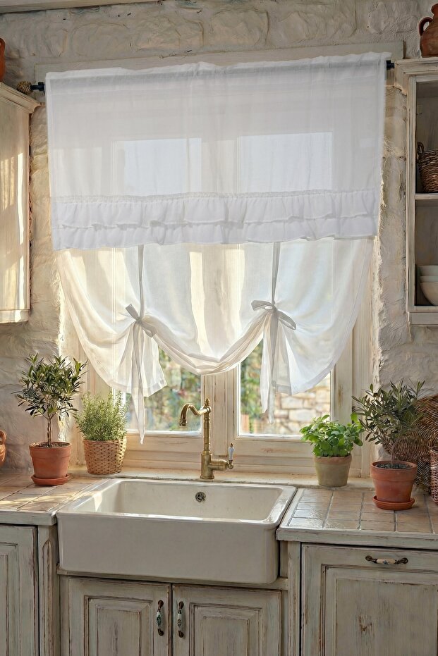 Country Style Pot Curtain Double Ruffled - Compatible with Curtain Rod and Rustic