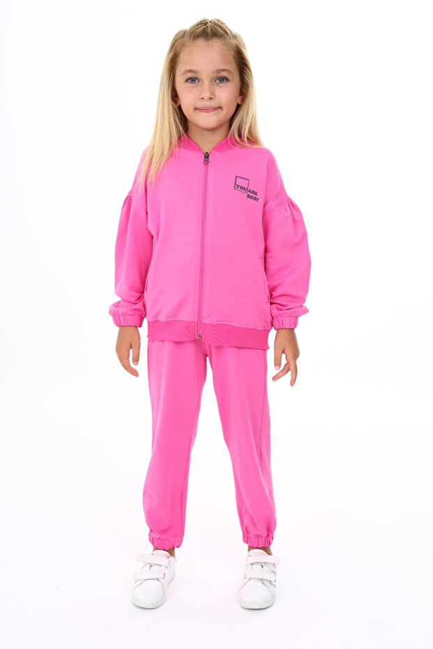 Girl's 2-Piece Set Printed College Collar Zippered Pocket Sweatshirt & Elastic Waistband Pants