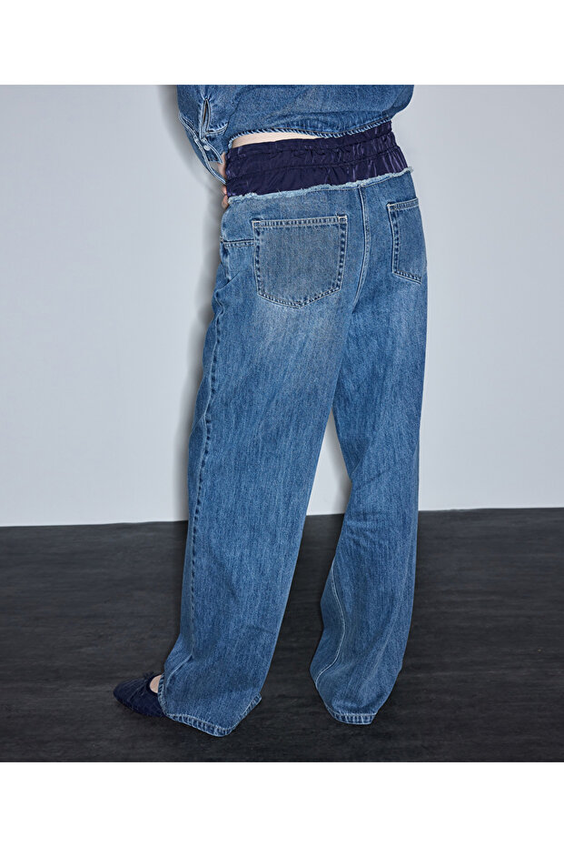 Kontrast elastik bel jean pantolon - 7