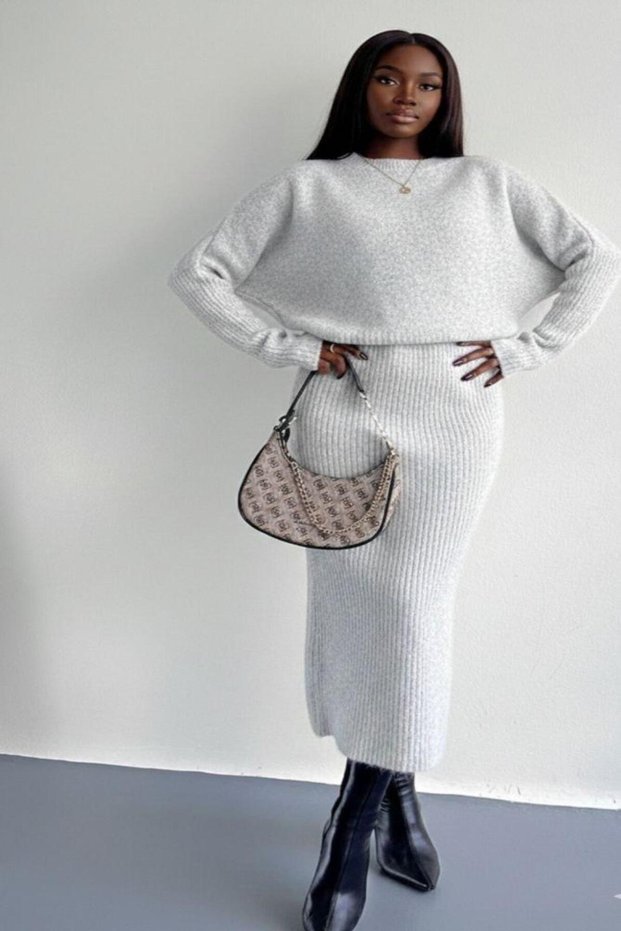 Women's Melaj Gray Bat Sleeve Skirt Ribbed Maxi Length Soft Knitwear Dress