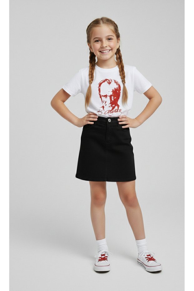 Girl's Ataturk Printed T-Shirt and Linen Skirt Set 23 April-Special Holidays